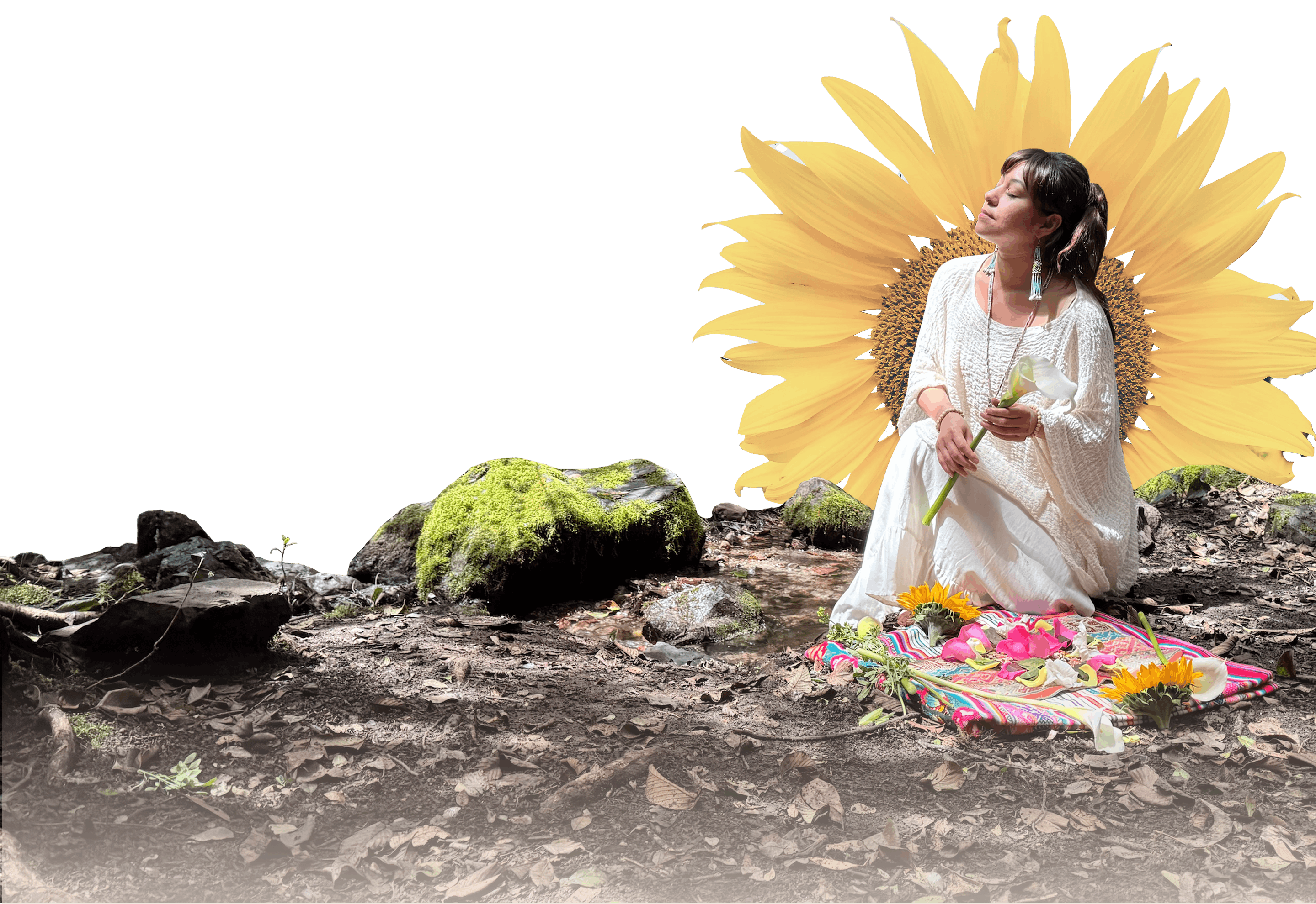 Woman dressed in white sitting on a colorful textile outdoors near mossy rocks, holding a white flower with a large sunflower graphic behind her.