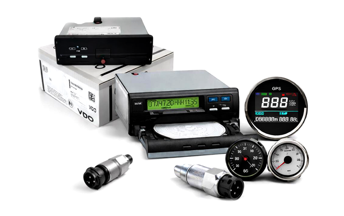Digital tachograph device with a disc inserted, two metal connectors, and three round gauges including a GPS speedometer.