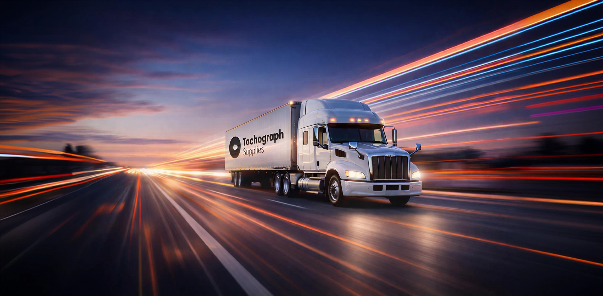 White semi-truck with Tachograph Supplies logo driving on a highway at dusk with dynamic light streaks.