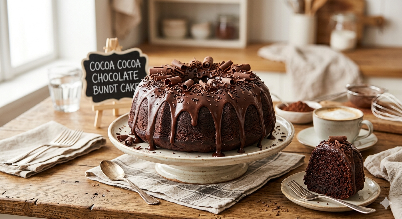 Chocolate bundt cake with chocolate glaze and curls on a plate beside a slice and a cup of coffee.