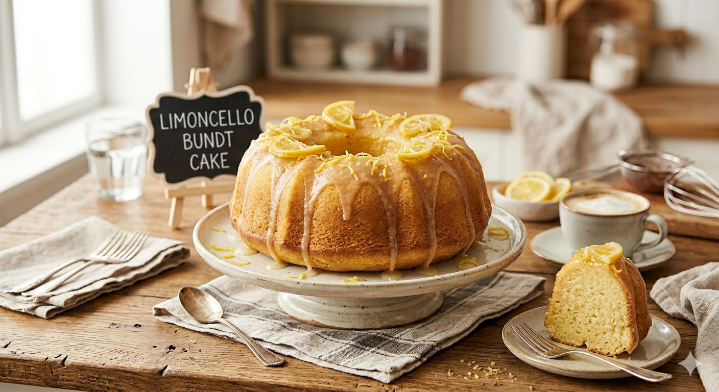 Limoncello bundt cake with glaze and lemon slices on a plate, with a slice served on a smaller plate.