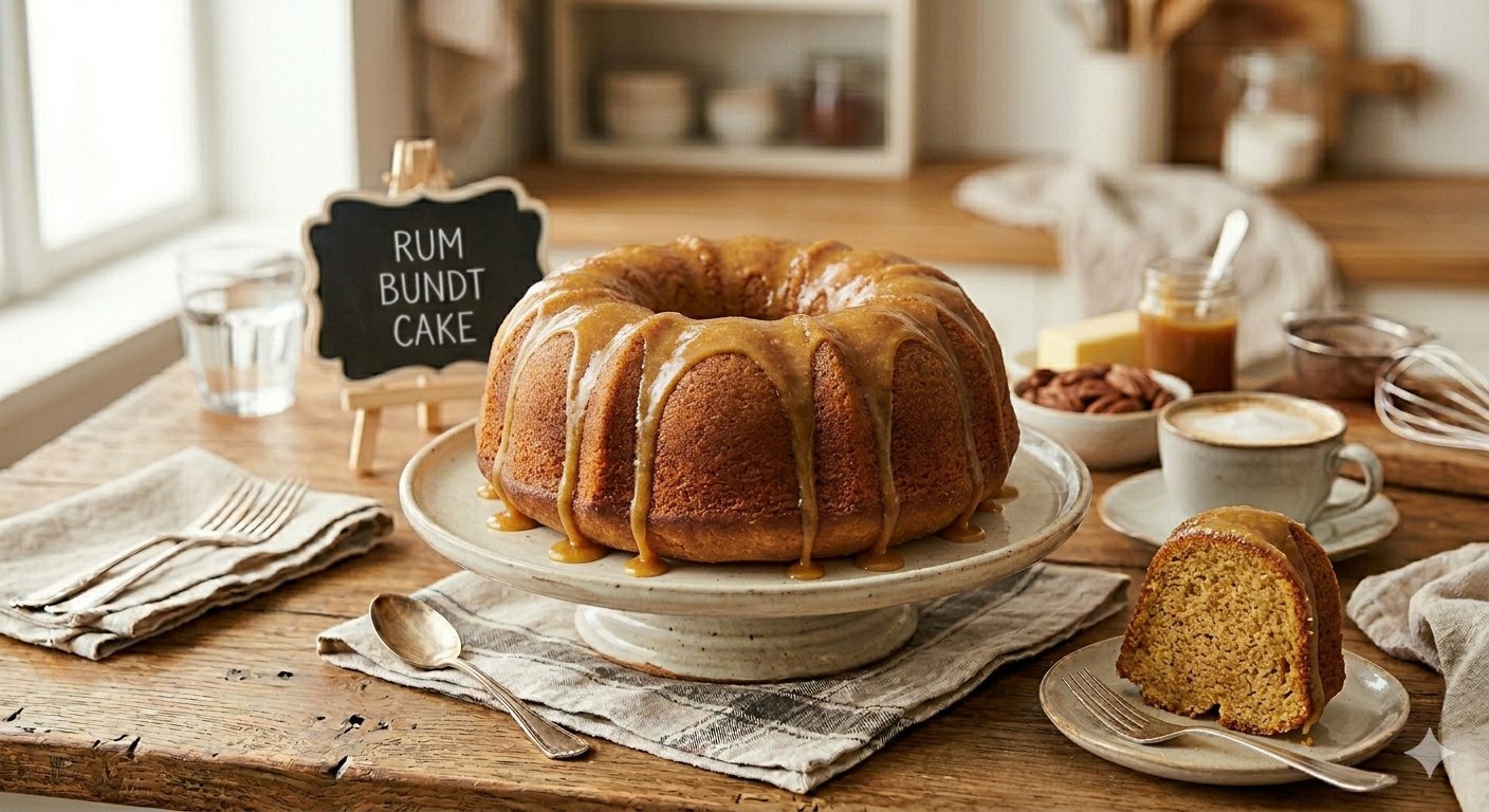 Rum Bundt cake with caramel glaze on a pedestal plate and a slice on a small plate with coffee.