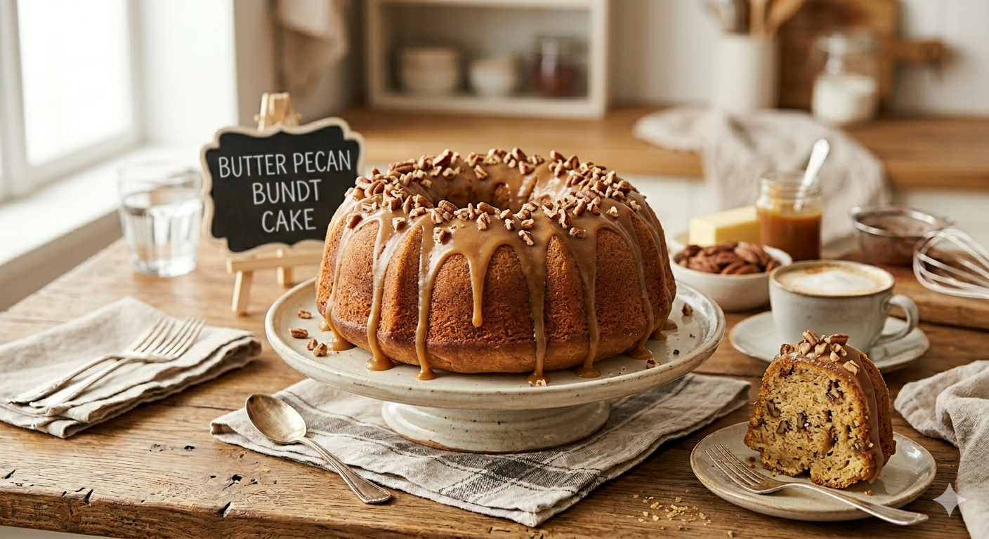 Butter pecan bundt cake with glaze and nuts on a ceramic stand, with a slice served on a plate.