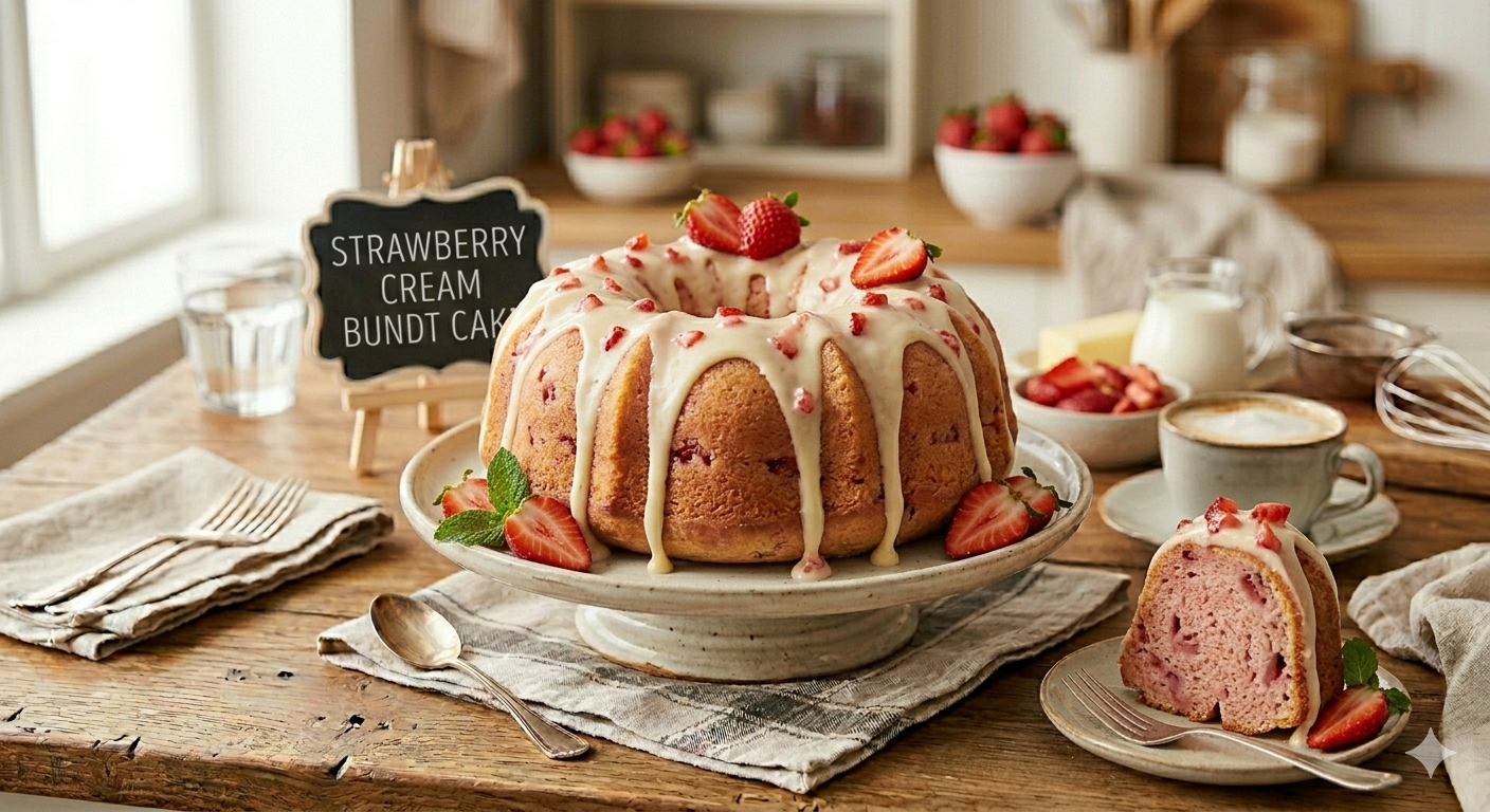 Strawberry cream Bundt cake with icing and fresh strawberries on a rustic wooden table setting.