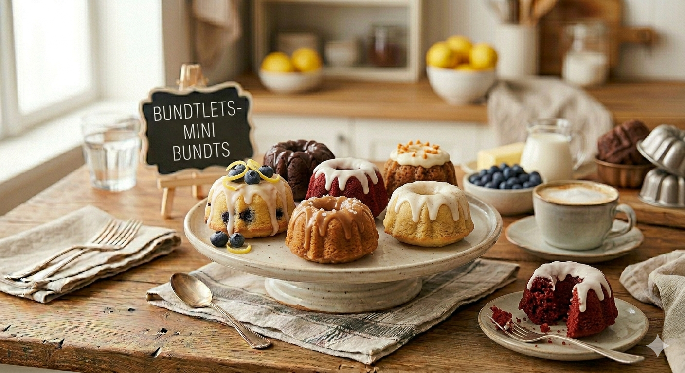 Mini bundt cakes with various icings arranged on a cake stand and plate on a rustic wooden table.