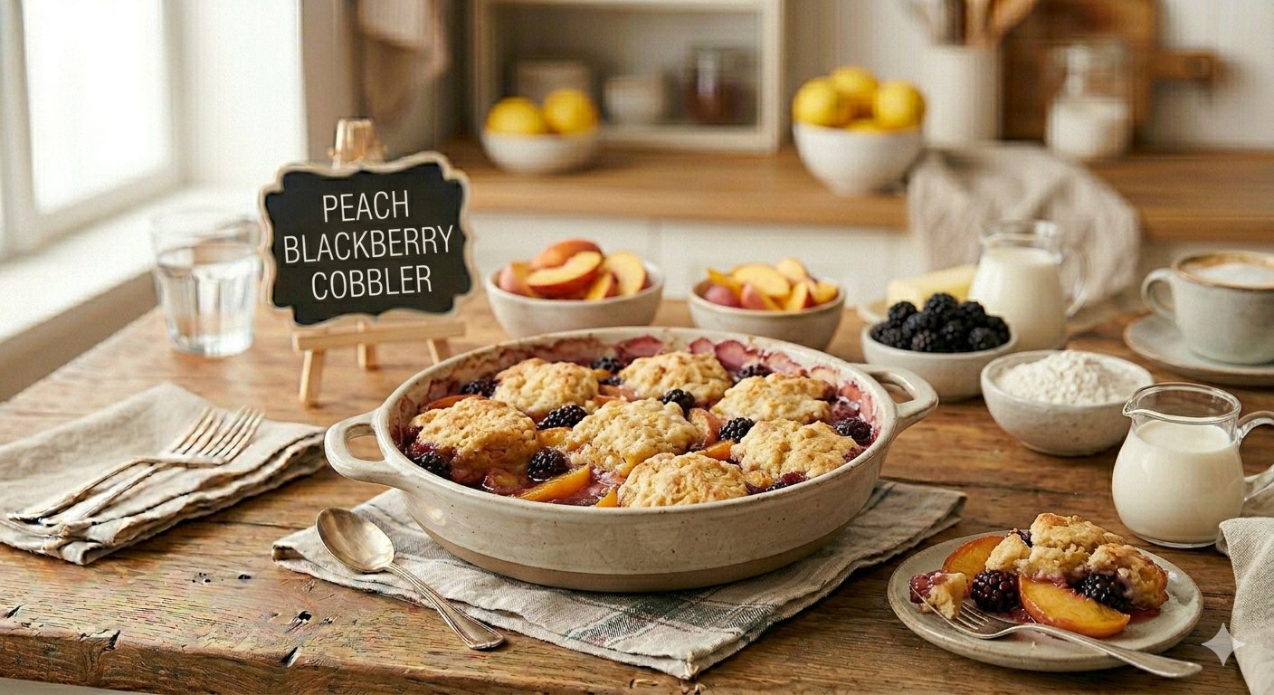 Peach blackberry cobbler in a baking dish with servings, fresh peaches, blackberries, milk, and coffee on rustic table.