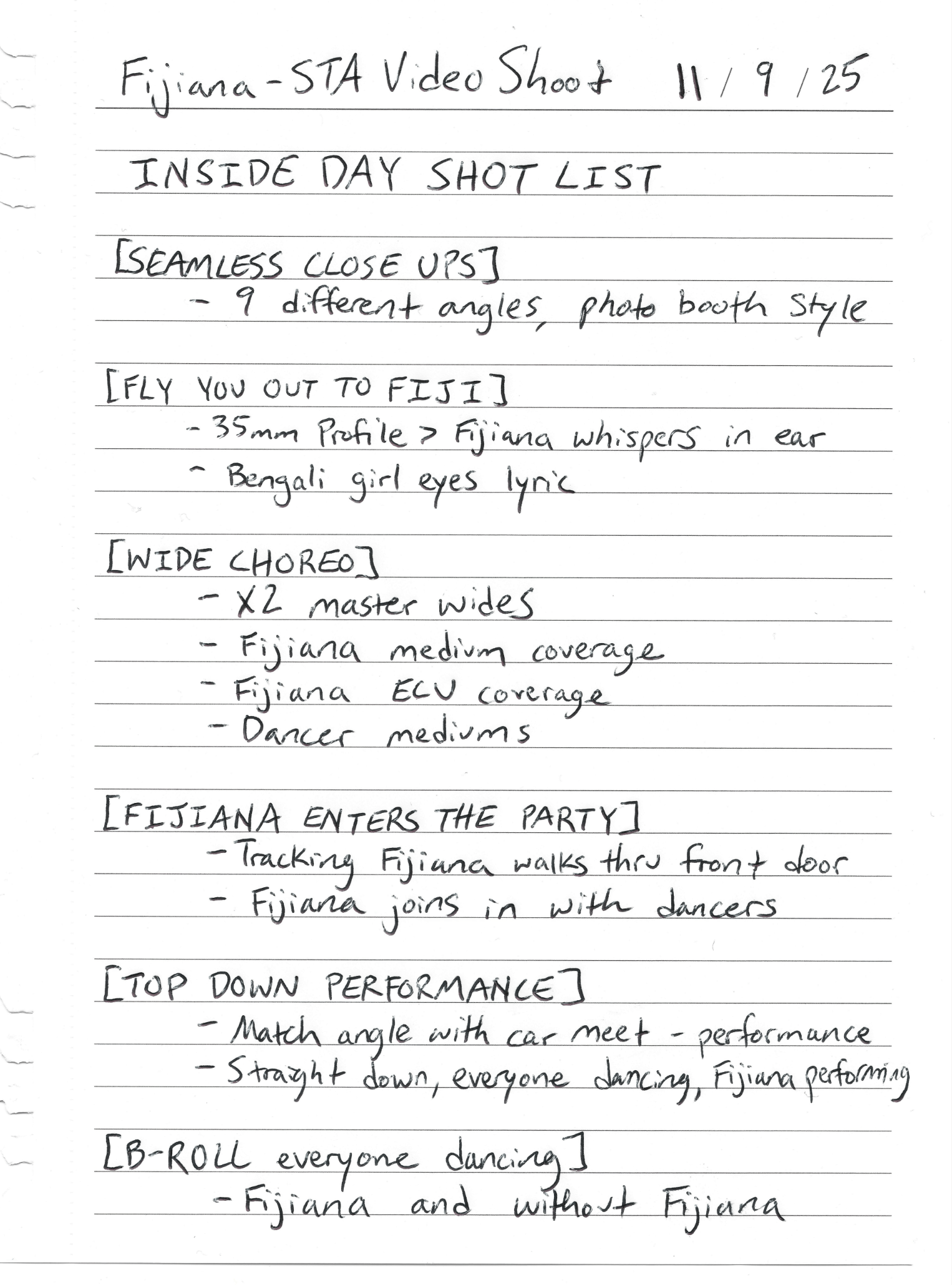 Fijana handwritten shot list