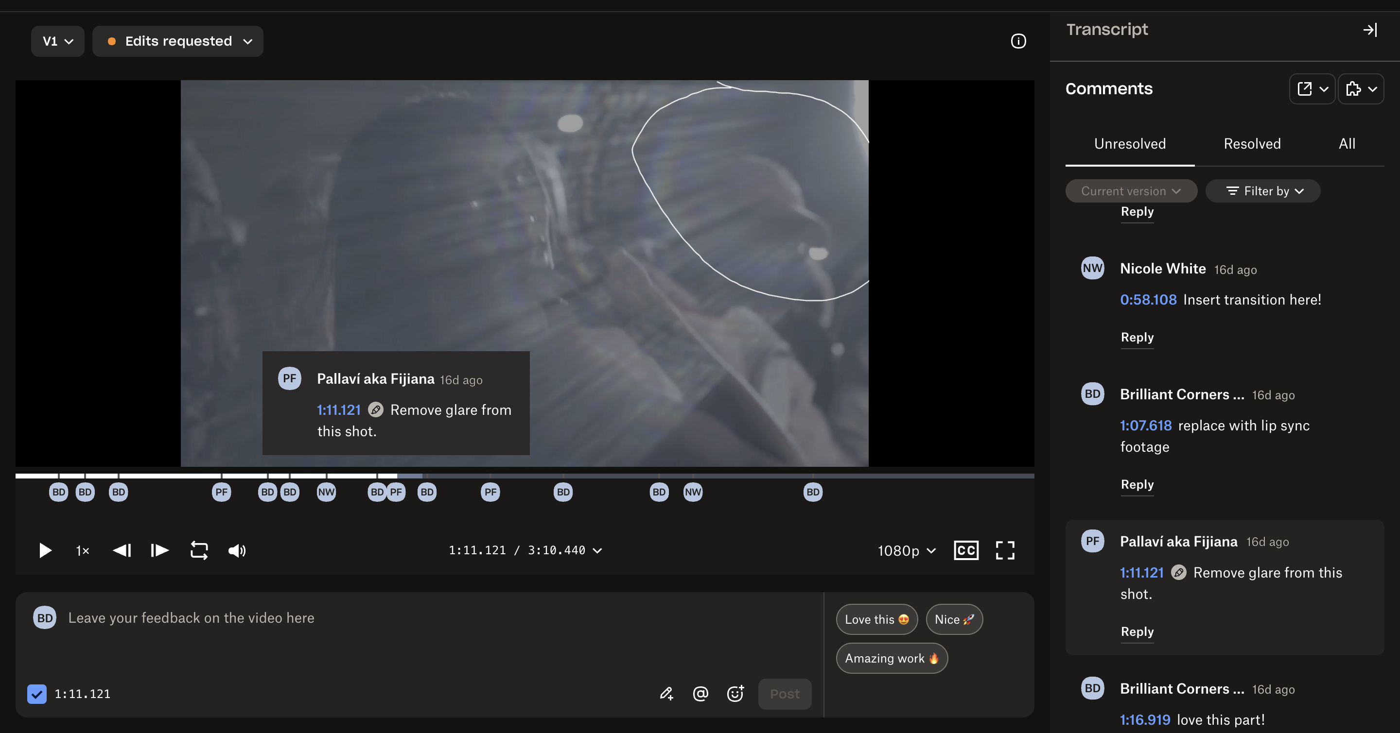Screenshot of a video review interface in dark mode