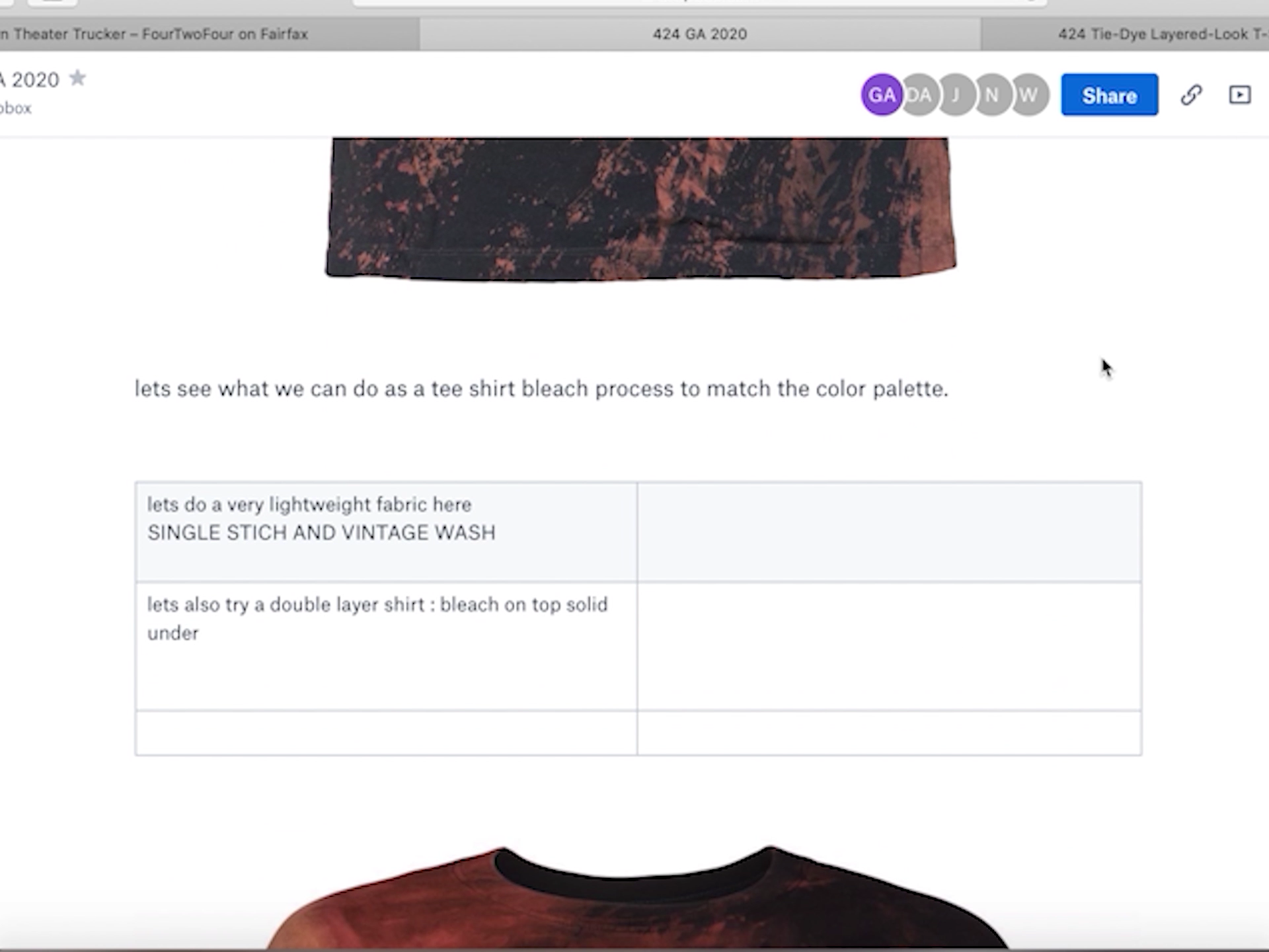 Design mockup page showing bleached tie-dye shirt notes and fabric treatment options.
