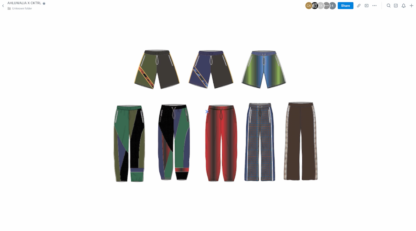 Fashion design workspace showing eight shorts and pants mockups in different colors and patterns.