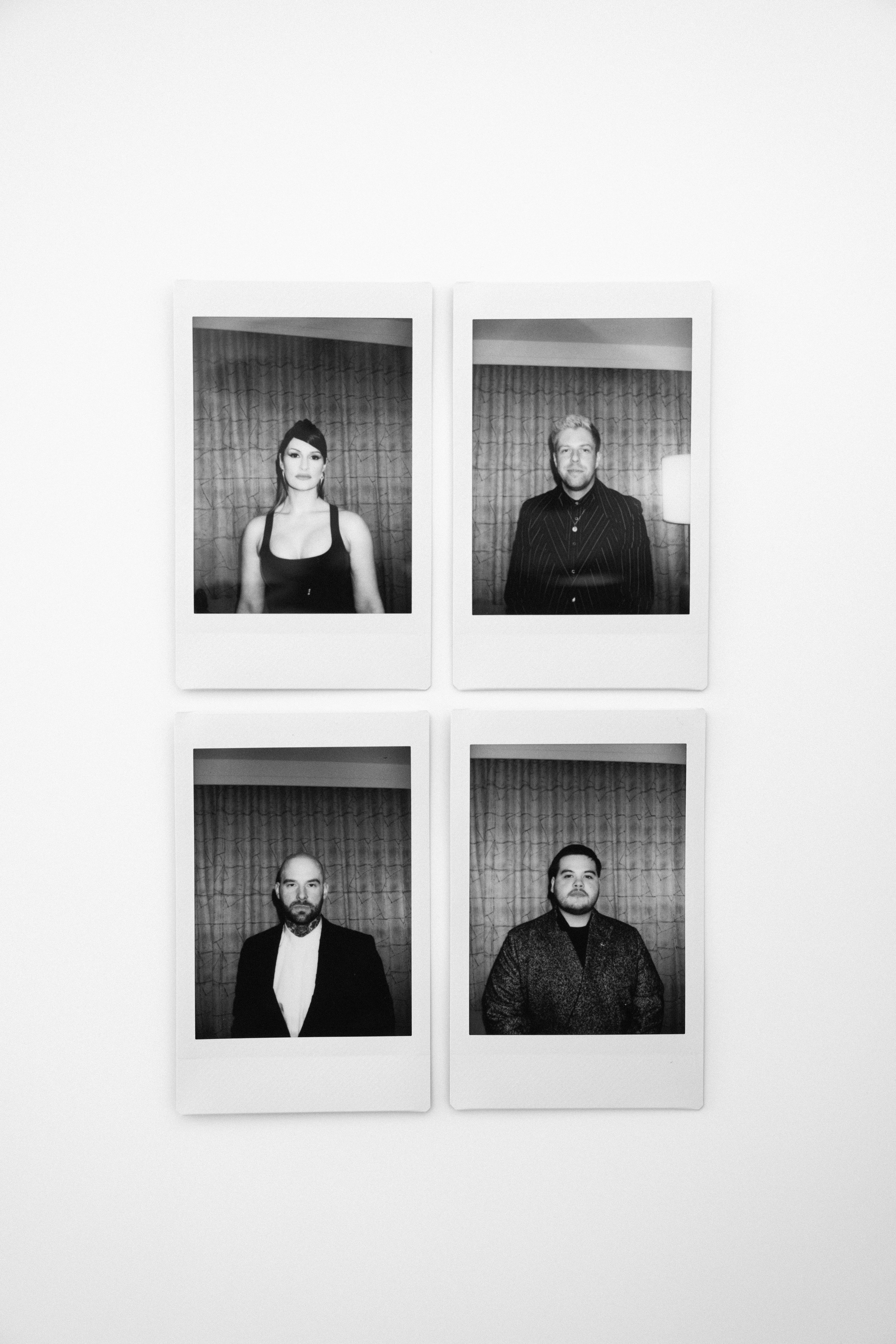 Four black-and-white portrait photos arranged in a grid on a wall
