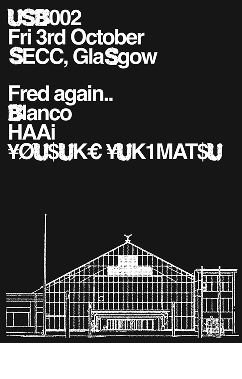 Black-and-white event poster listing electronic music artists and venue details