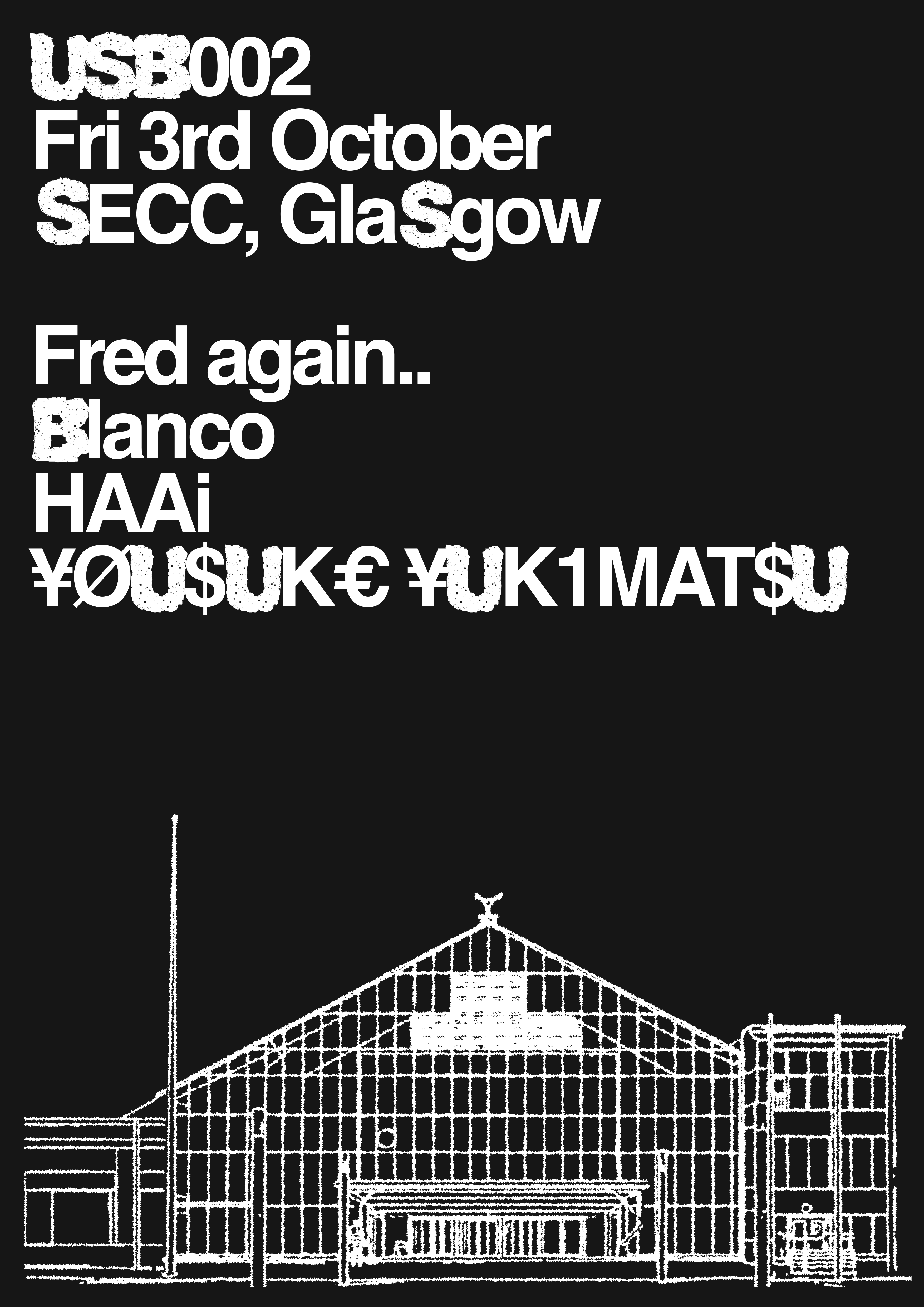 Black-and-white event poster for USB002 in Glasgow featuring artist lineup and venue illustration