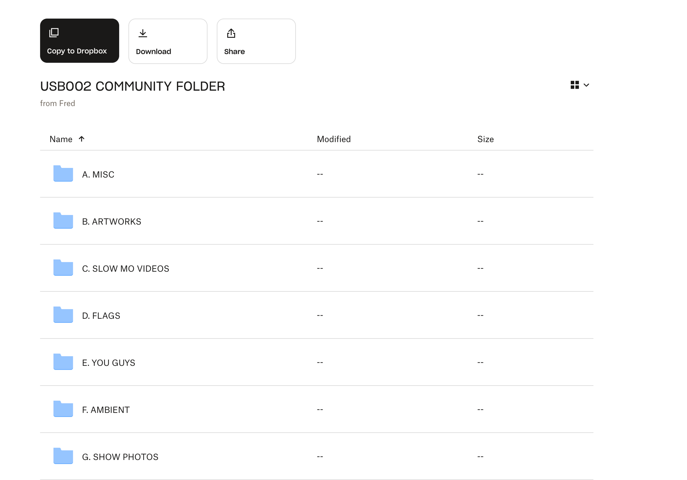 Screenshot of a Dropbox community folder with categorized event media and downloadable assets