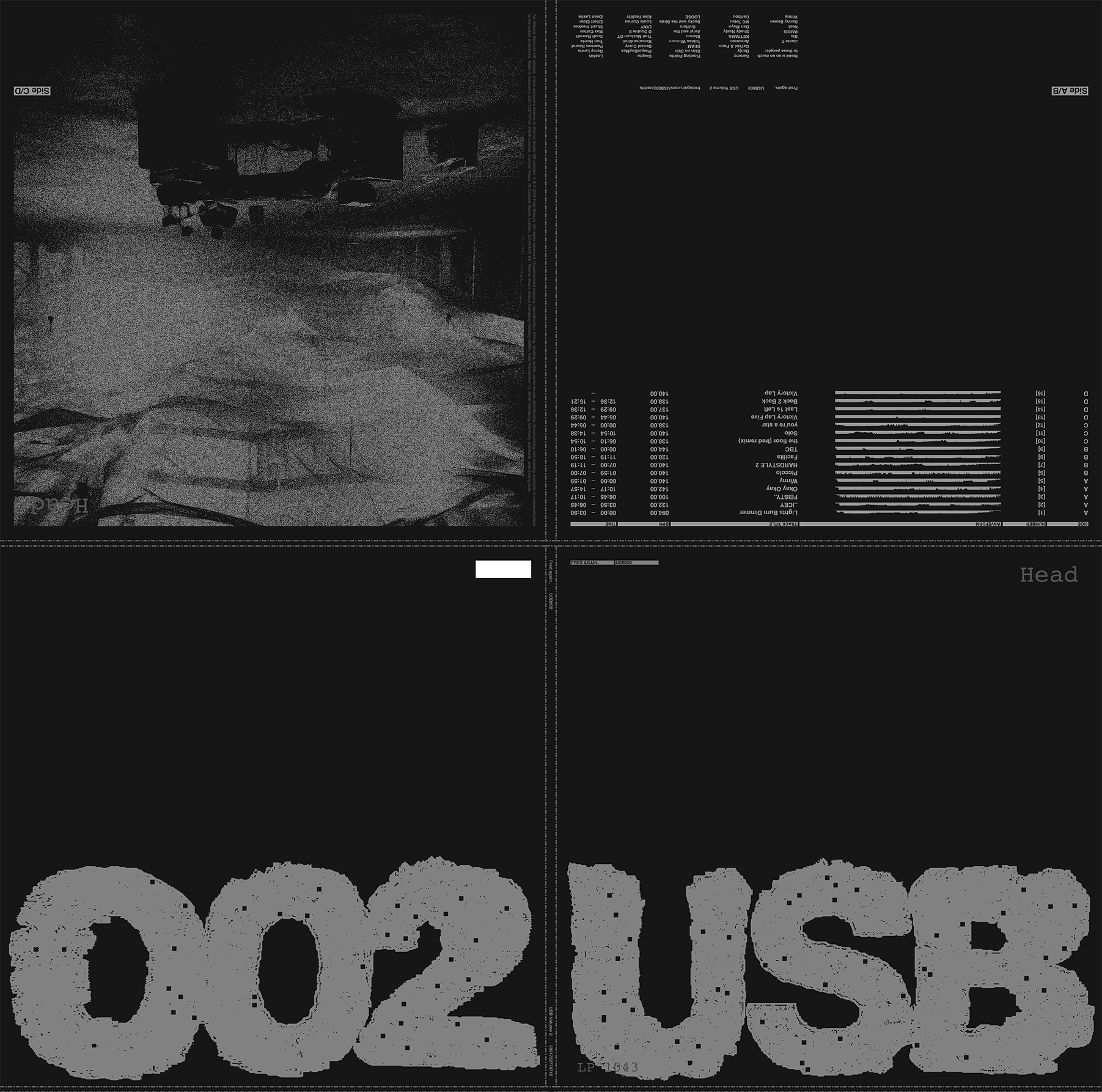 Black-and-white album artwork featuring abstract imagery and large “002 USB” text