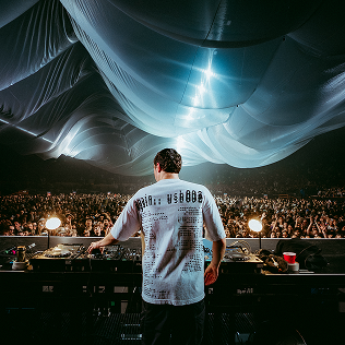 DJ performing on stage beneath a glowing fabric ceiling in front of a large crowd