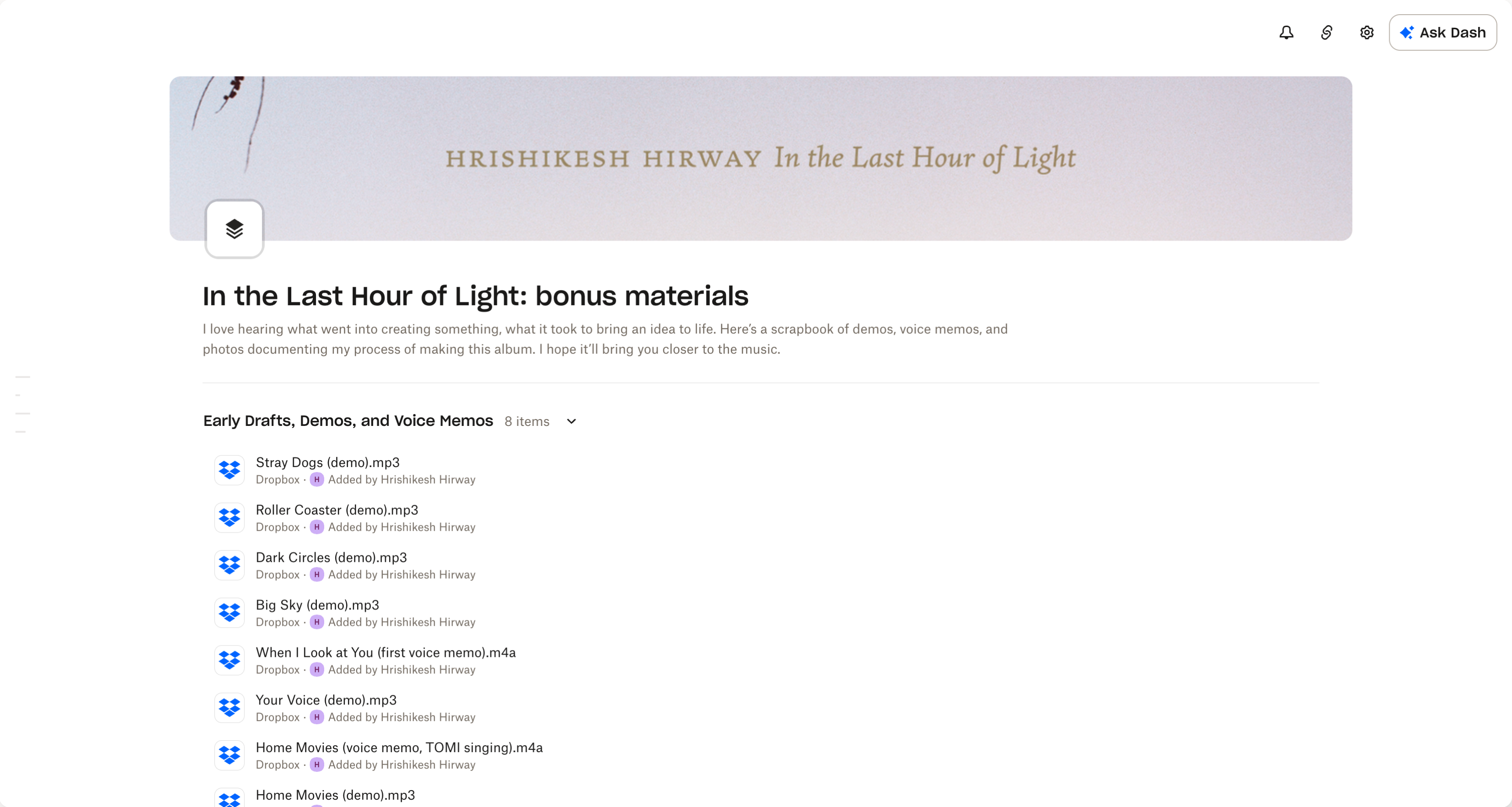 Screenshot of a Dropbox page sharing bonus music demos and voice memos for an album