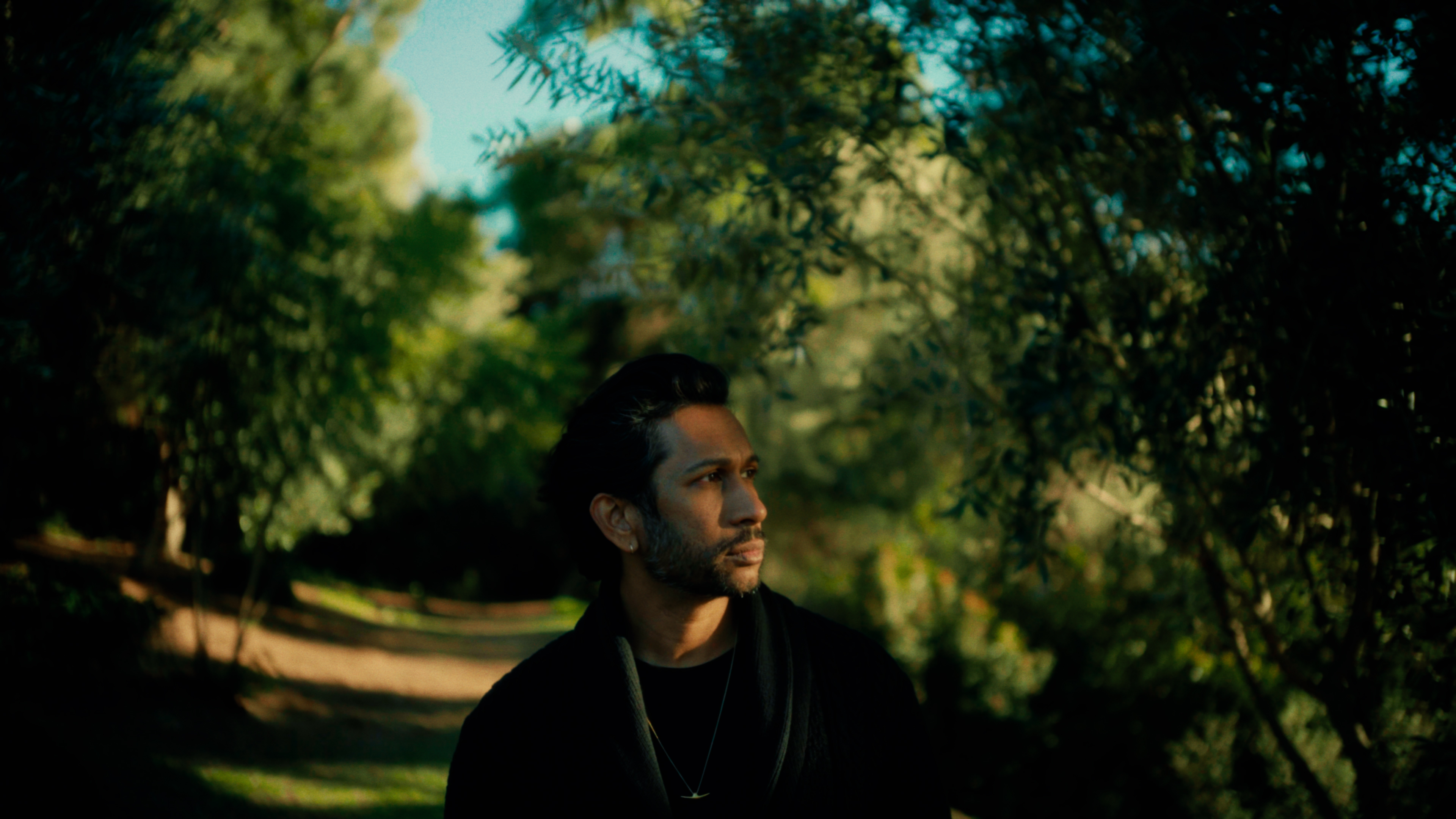 Man standing outdoors on a tree-lined path in soft natural light