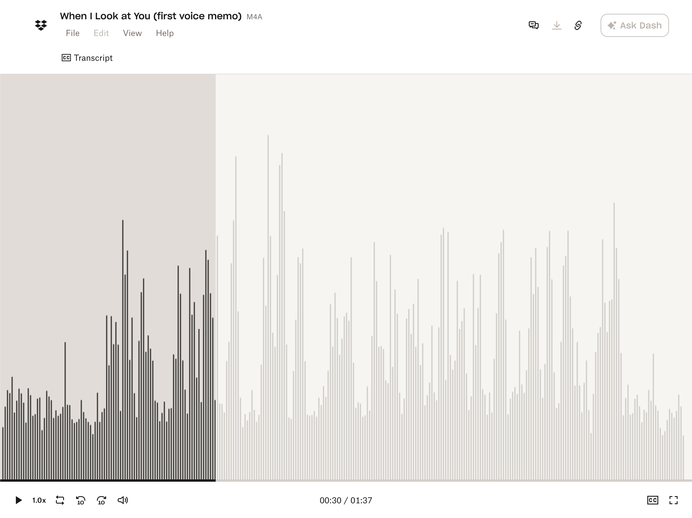 Audio waveform interface for a voice memo titled “When I Look at You”