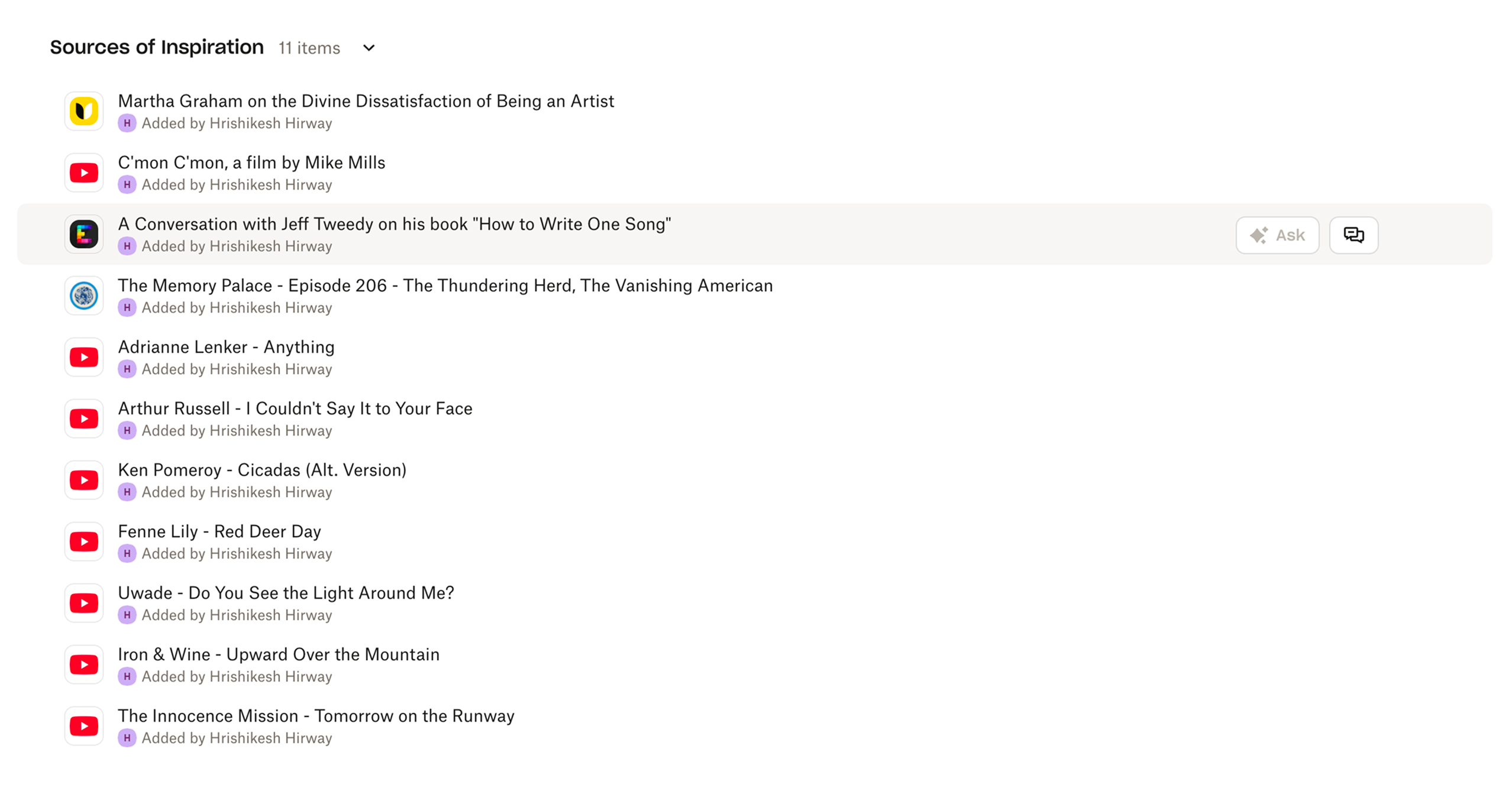 Screenshot of a playlist titled “Sources of Inspiration” with linked songs, podcasts, and interviews