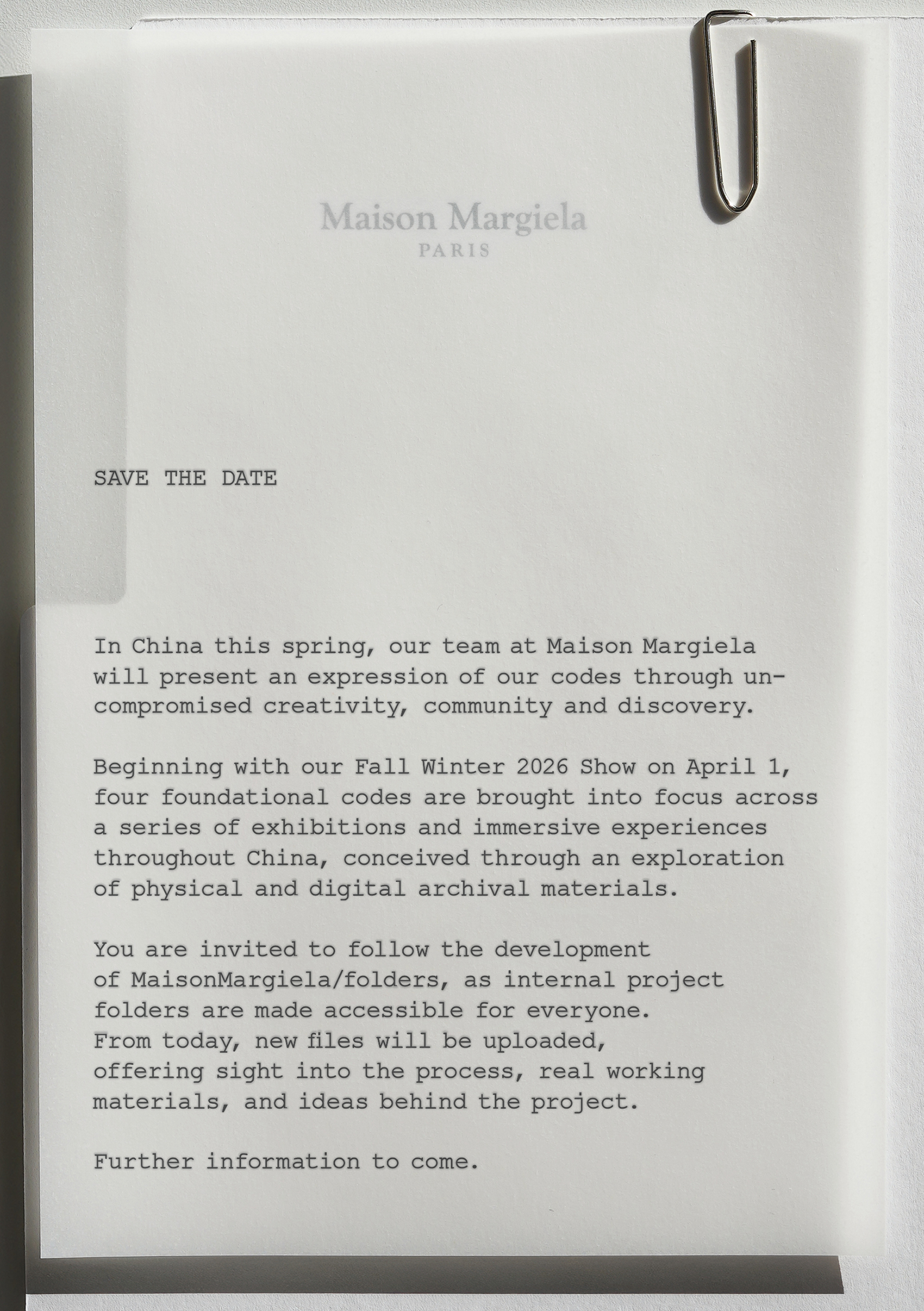 Invitation card from Maison Margiela Paris with event details and project description