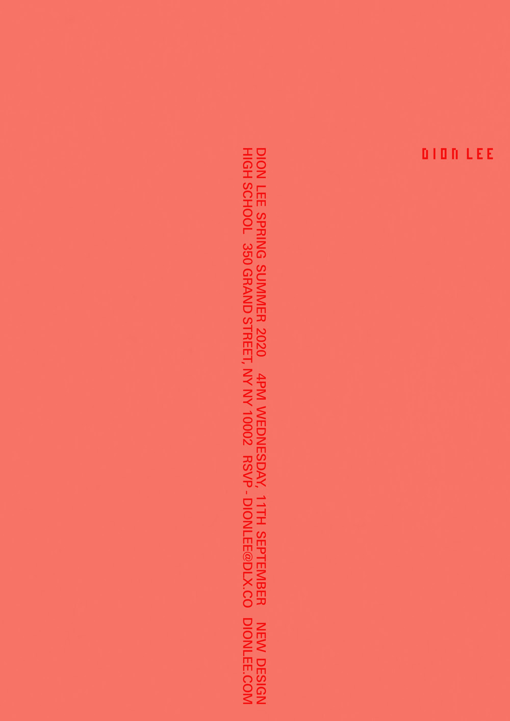Minimalist Dion Lee invitation on coral background with vertical red text.