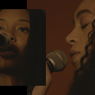 Person with long dark hair singing into a microphone in warm, dim lighting.