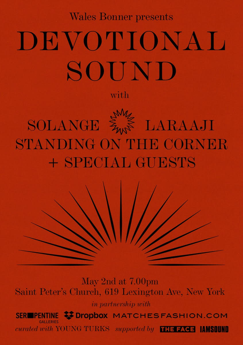 Devotional Sound event poster with Solange, Laraaji, and Standing on the Corner.