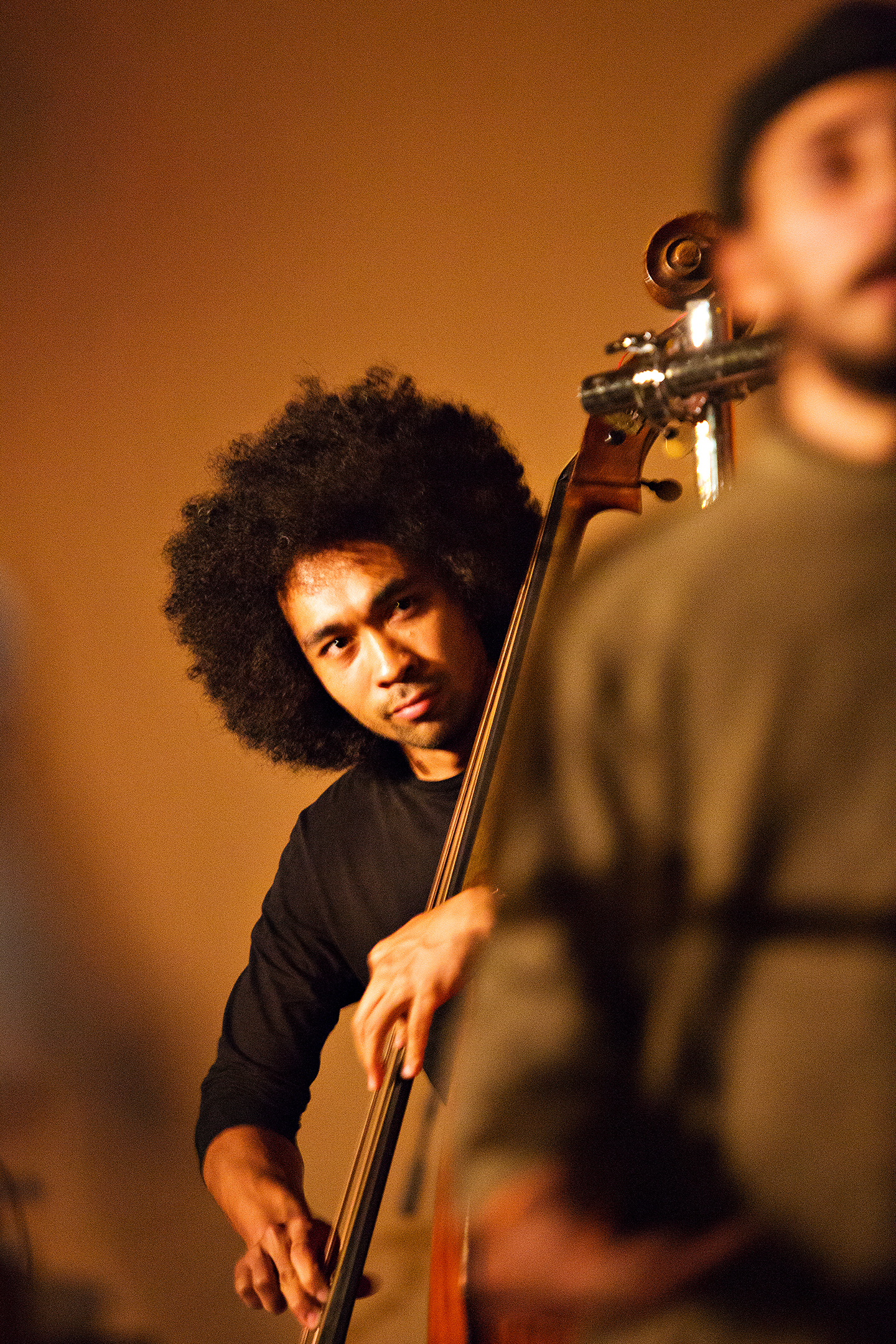 Bassist playing upright bass in warm light, with blurred musician in foreground.
