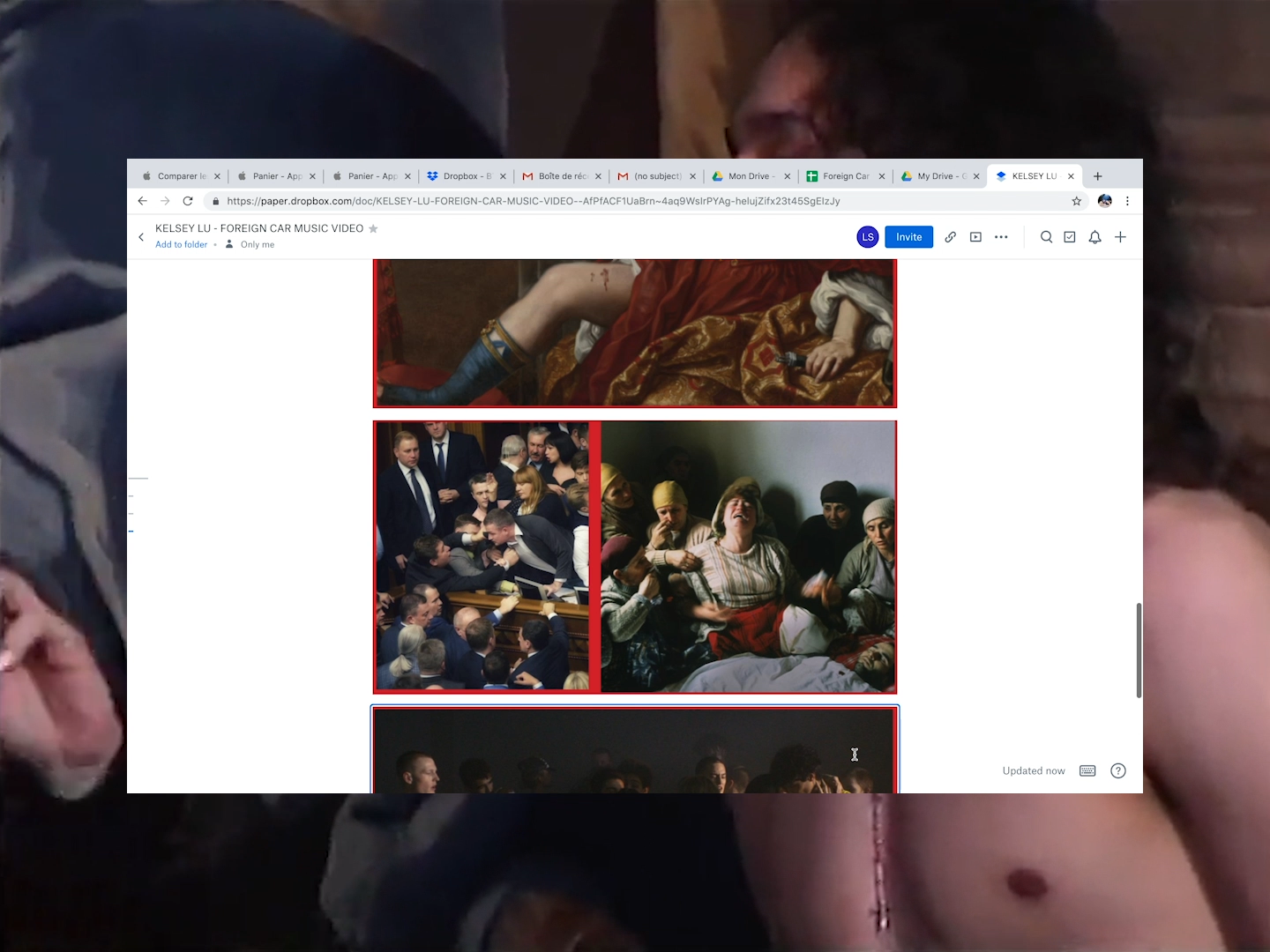 Screenshot of a Dropbox Paper doc showing a collage of paintings and crowd scenes.