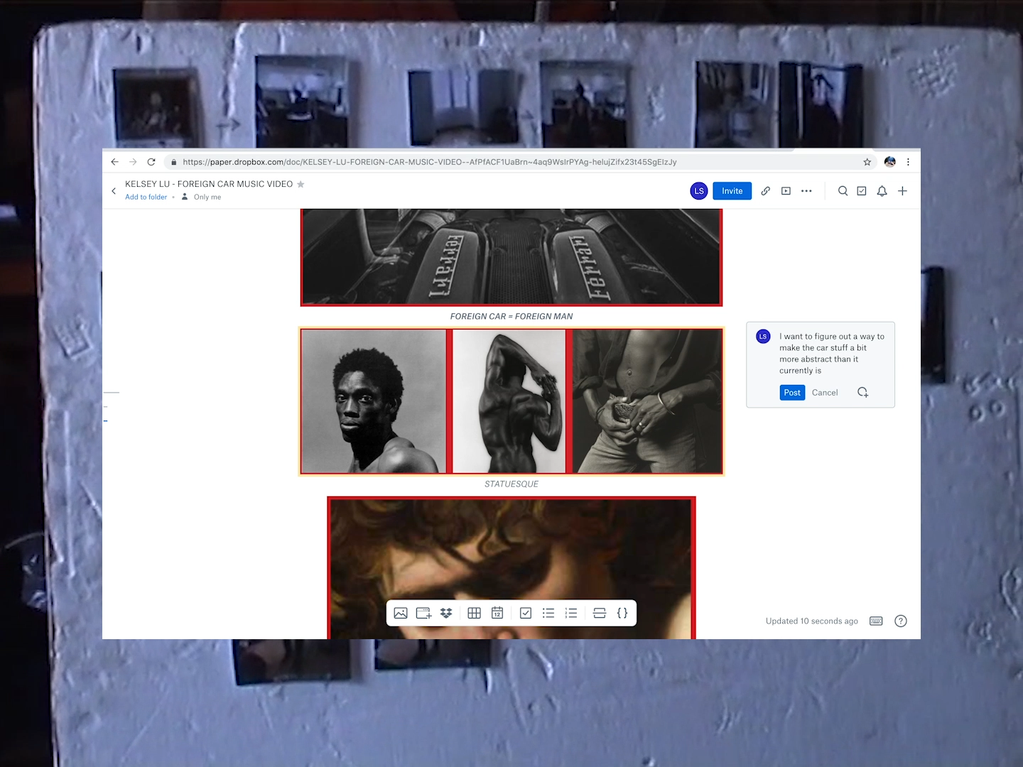 Dropbox Paper mood board with car and figure images, plus a comment requesting abstraction.