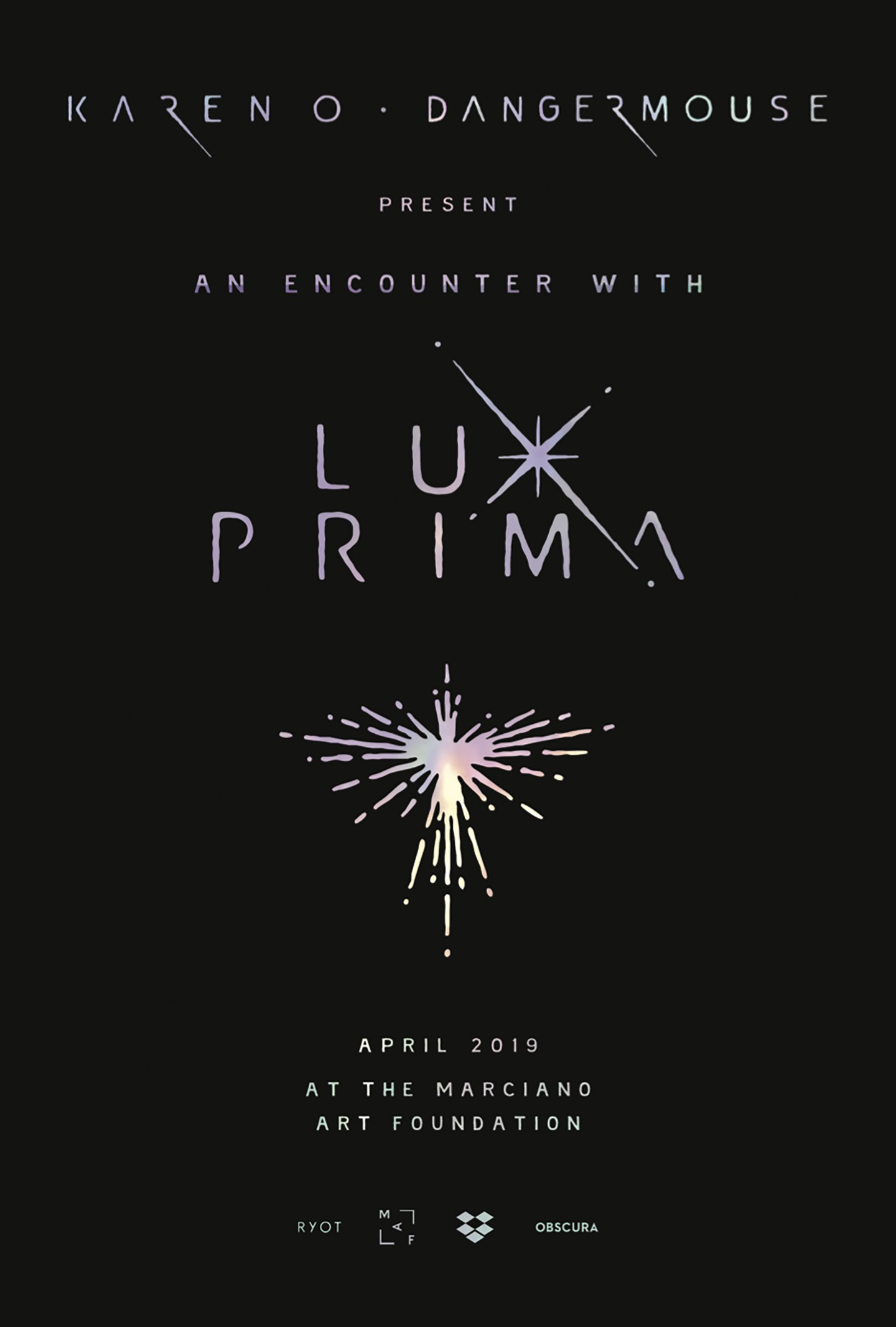 Black postcard for Lux Prima art event with starburst graphic and April 2019 details.