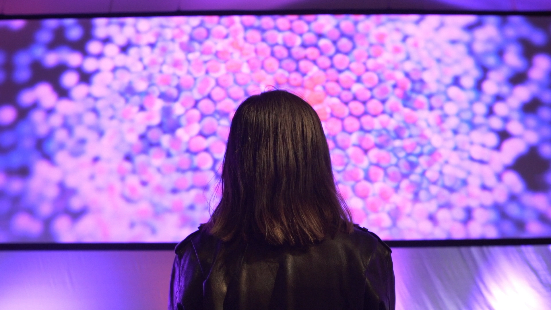 Person viewed from behind, standing in front of a large abstract screen of pink, purple, and blue circular lights.