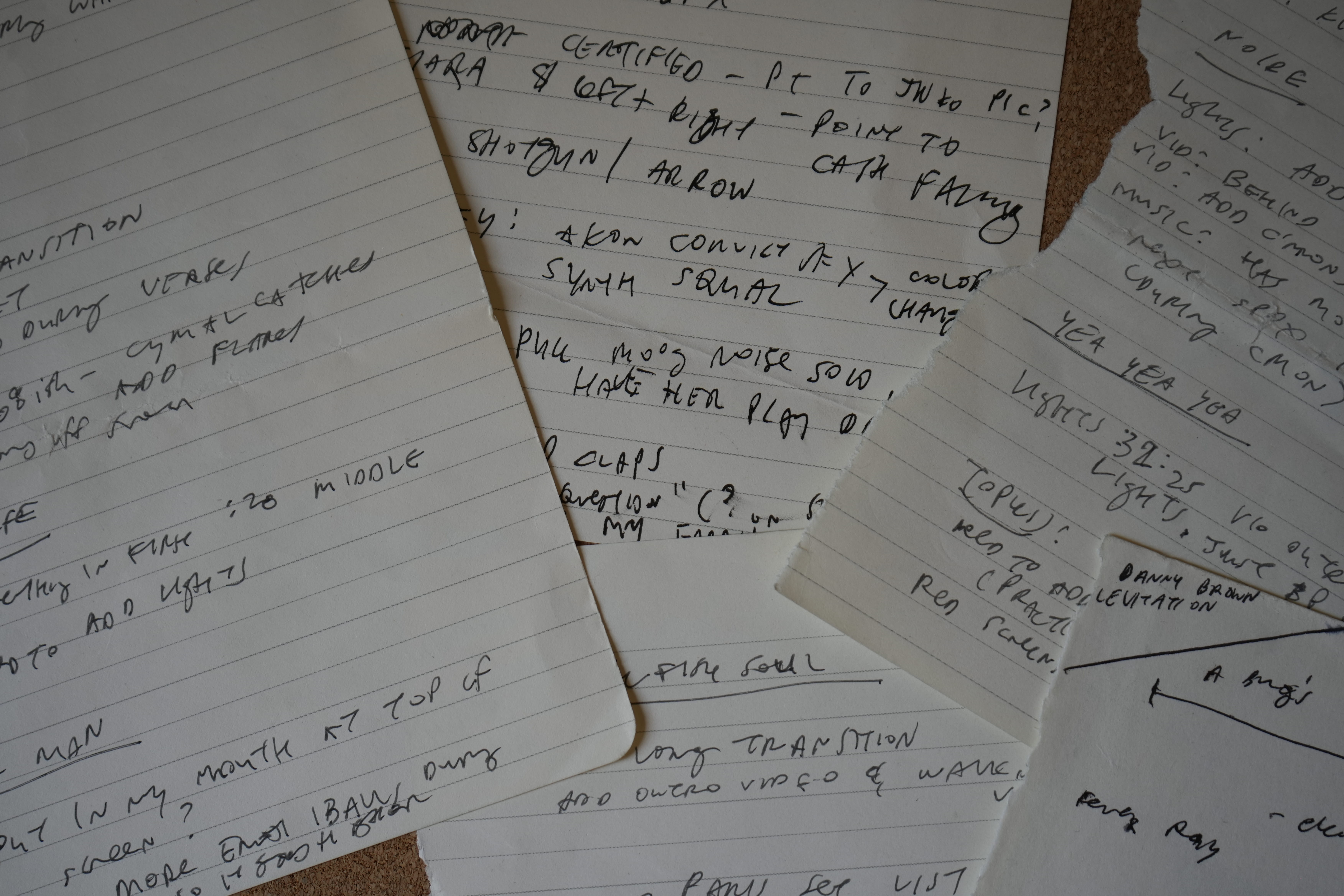 Handwritten production and performance notes overlap across sheets of lined paper