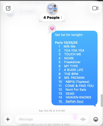 Group text message shows 15-song set list for Paris performance