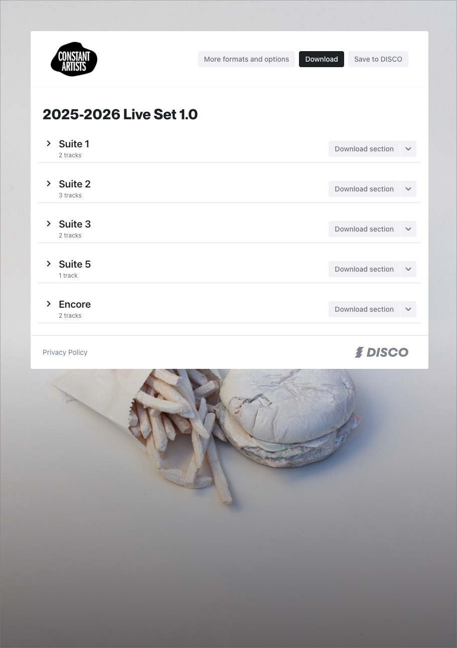 Digital folder organizes 2025–2026 live set into suites and encore sections