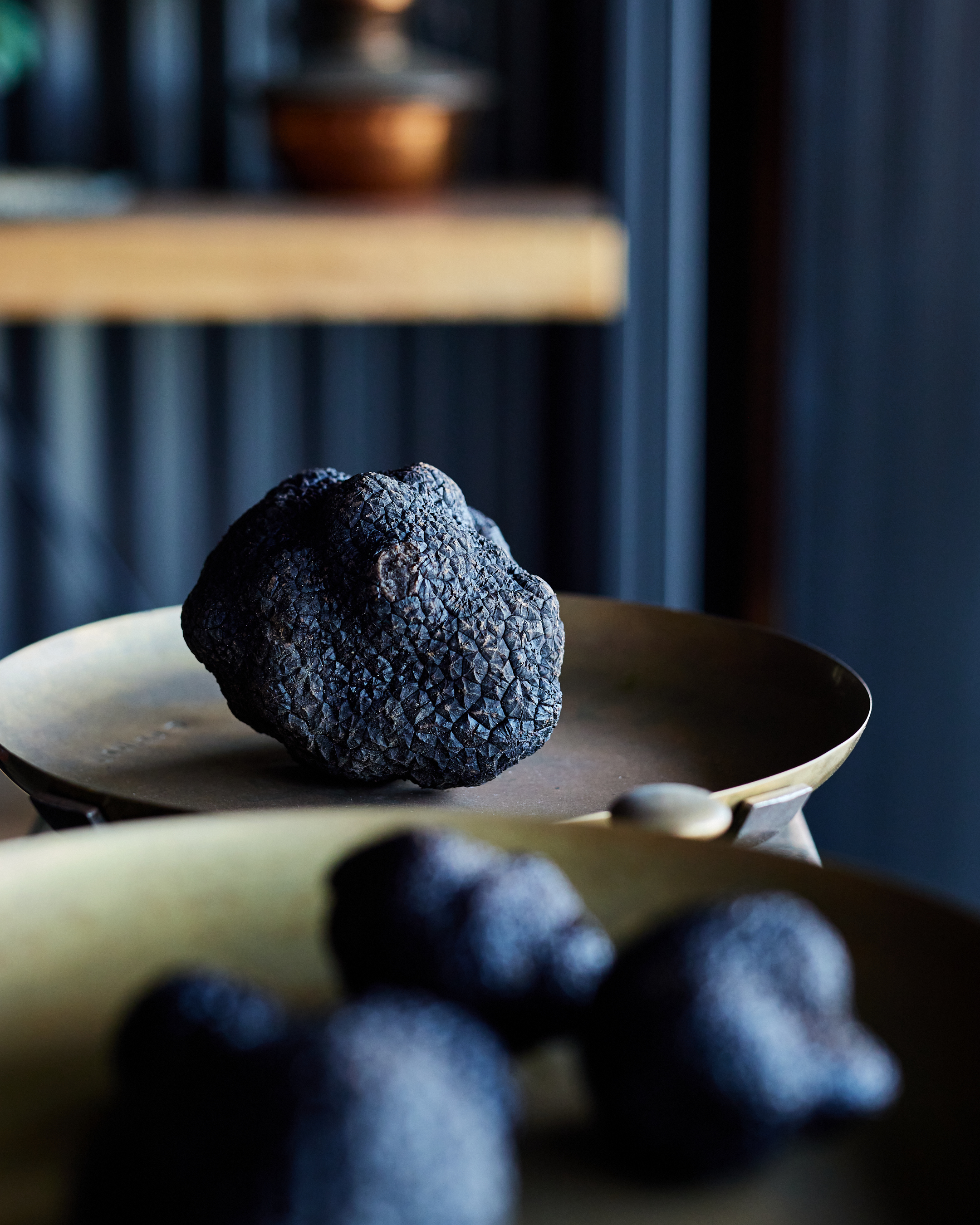 Close-up of black truffles placed on brass weighing scales with a blurred background.