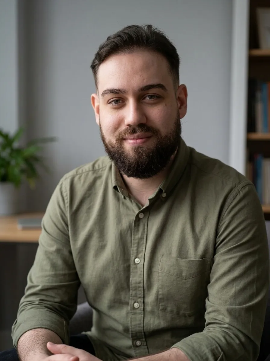 Iury Alves, psicólogo, apoiado em mesa do consultório