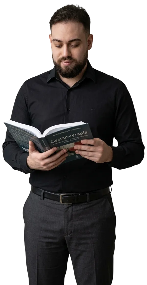 Psicólogo Iury Alves lendo um livro de Gestalt-terapia
