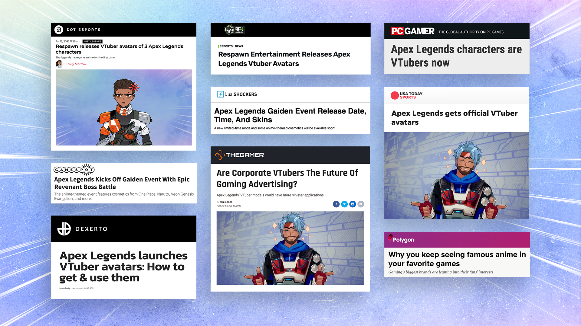 Collage of gaming news headlines about Apex Legends releasing VTuber avatars and Gaiden event, featuring animated character images.