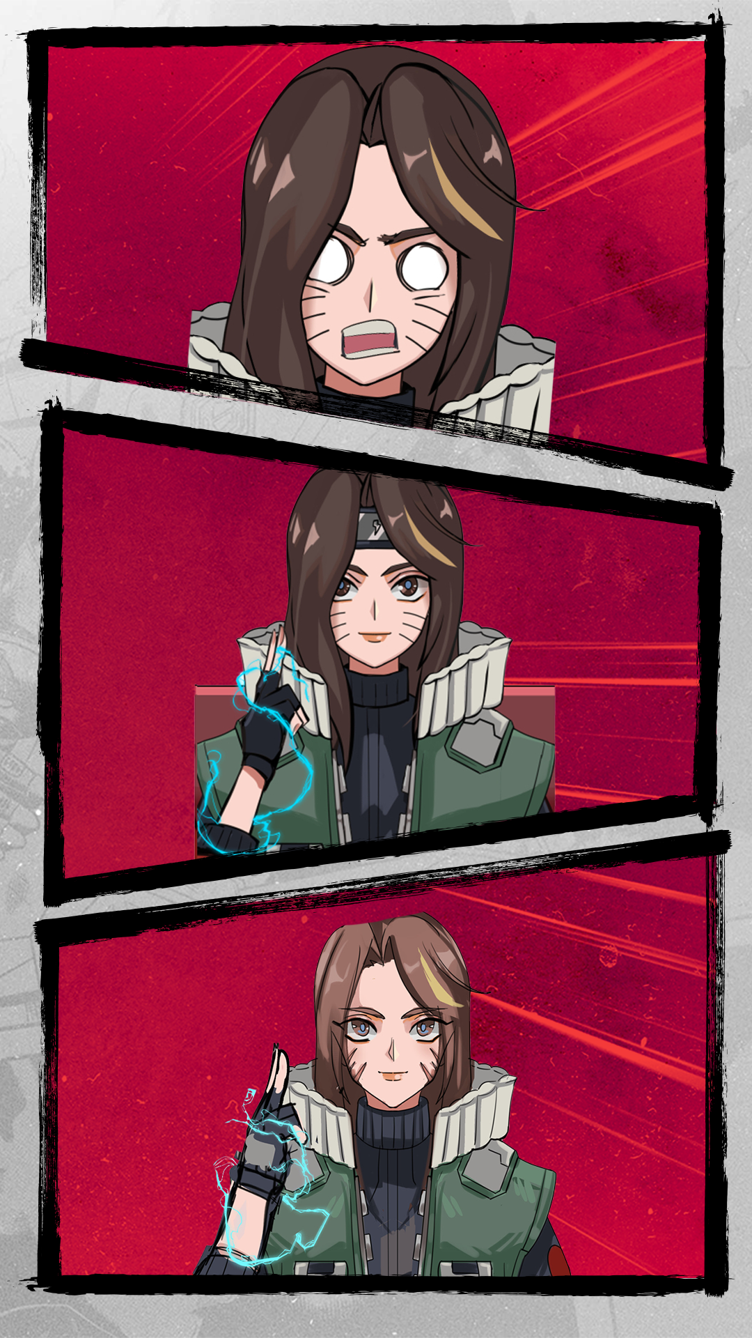 Three-panel anime-style illustration of a character with long brown hair and whisker-like marks on cheeks, showing angry, confident, and calm expressions with glowing blue energy around hand fingers.