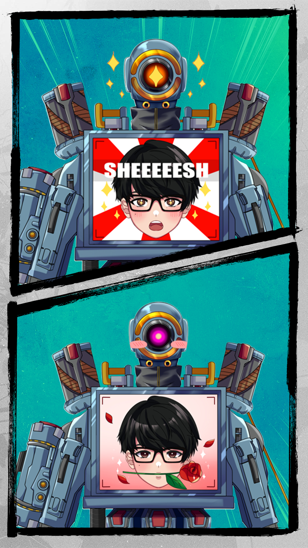 Two-panel digital art of a robot with a screen displaying a boy's face wearing glasses: top panel shows the boy saying 'SHEEEEESH' with sparkles, bottom panel shows the boy holding a rose with red petals falling and pink blush on robot's camera eye.