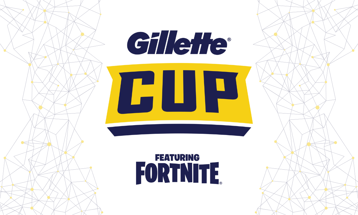 Gillette Cup logo with a yellow banner and text featuring Fortnite below, with abstract geometric lines and dots on the sides.