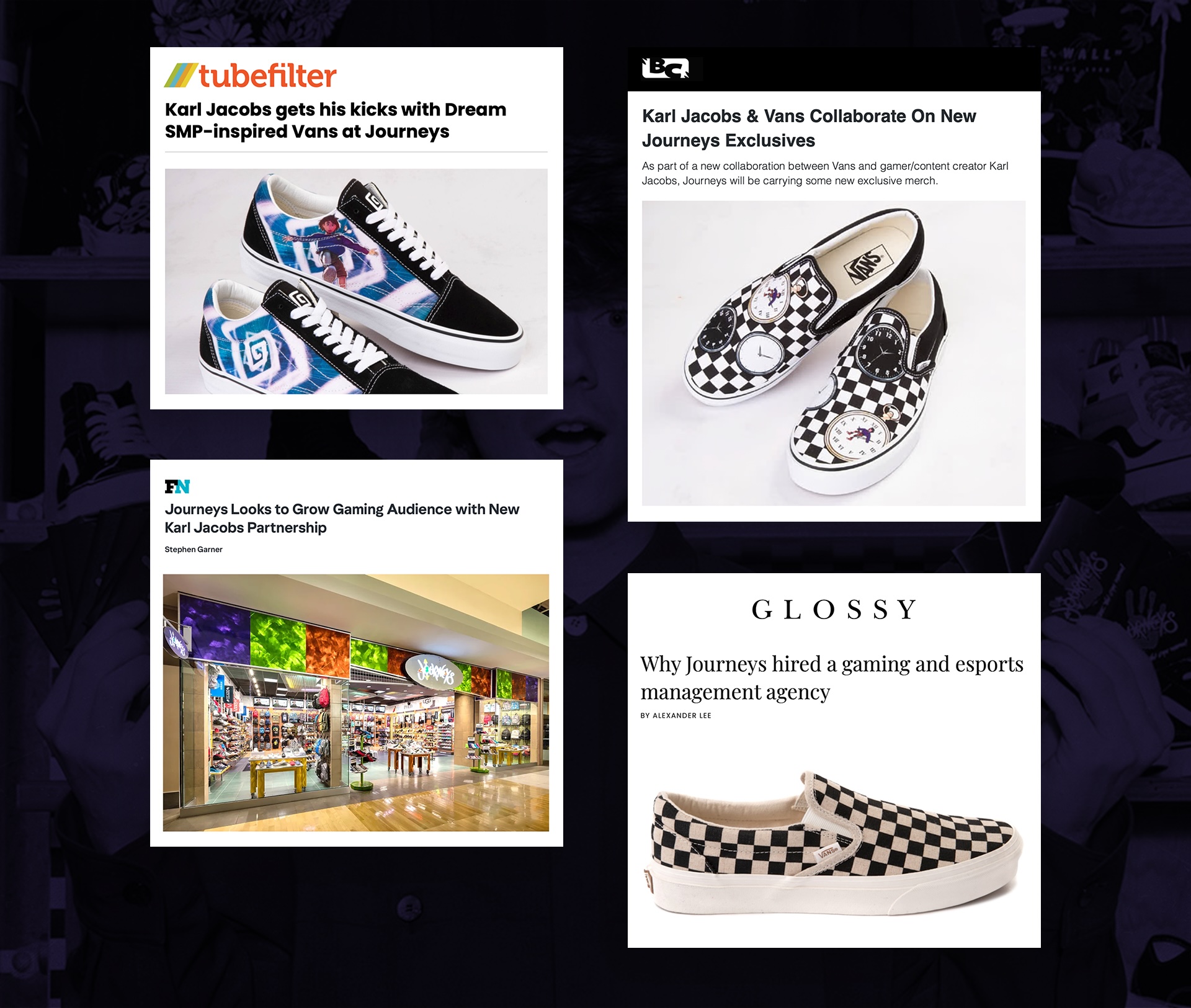 Collage of online article headlines about Apex Legends releasing VTuber avatars, featuring anime-style character illustrations from the game.