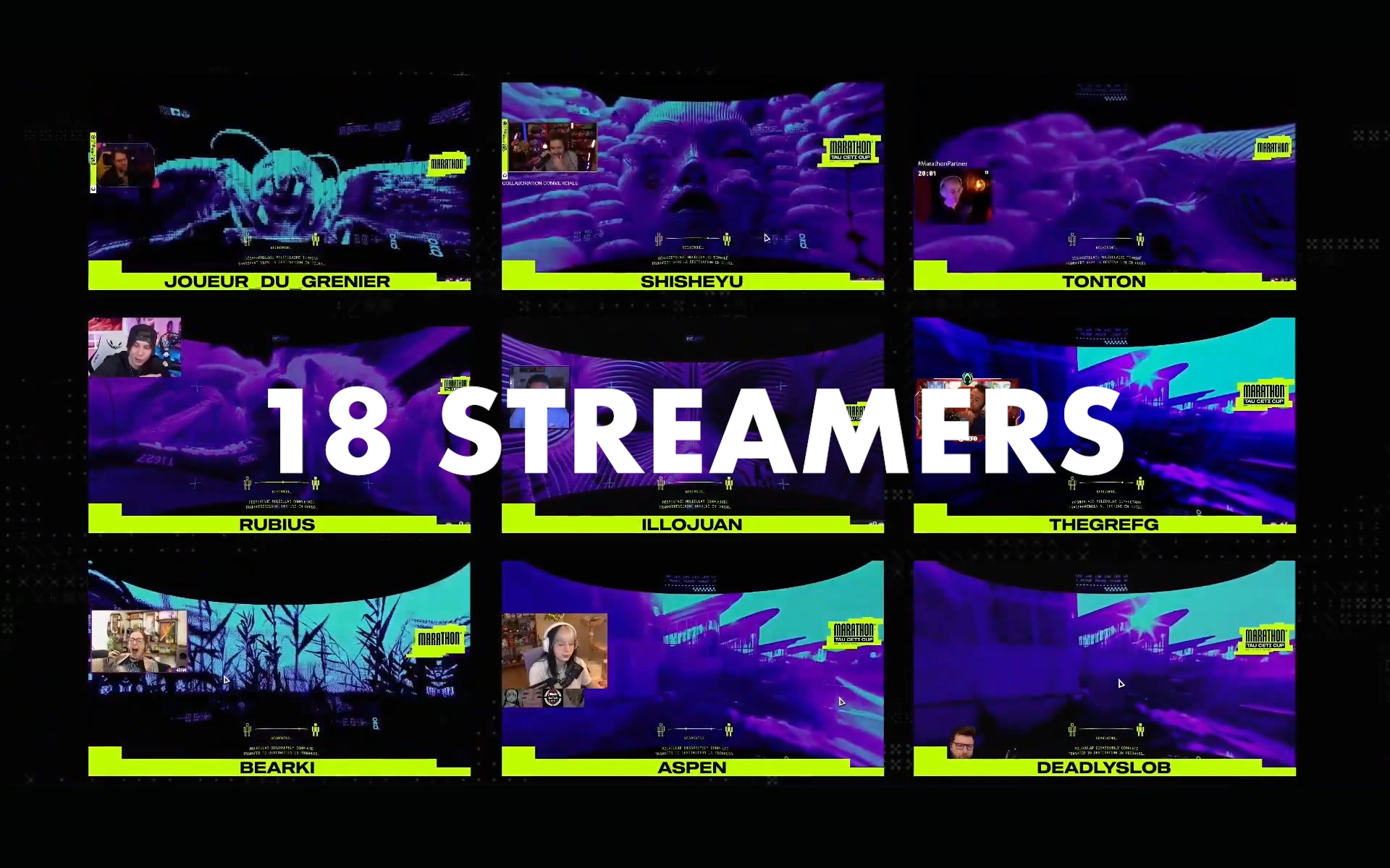 '18 STREAMERS' over nine video screens showing different streamers playing a game with neon purple visuals.