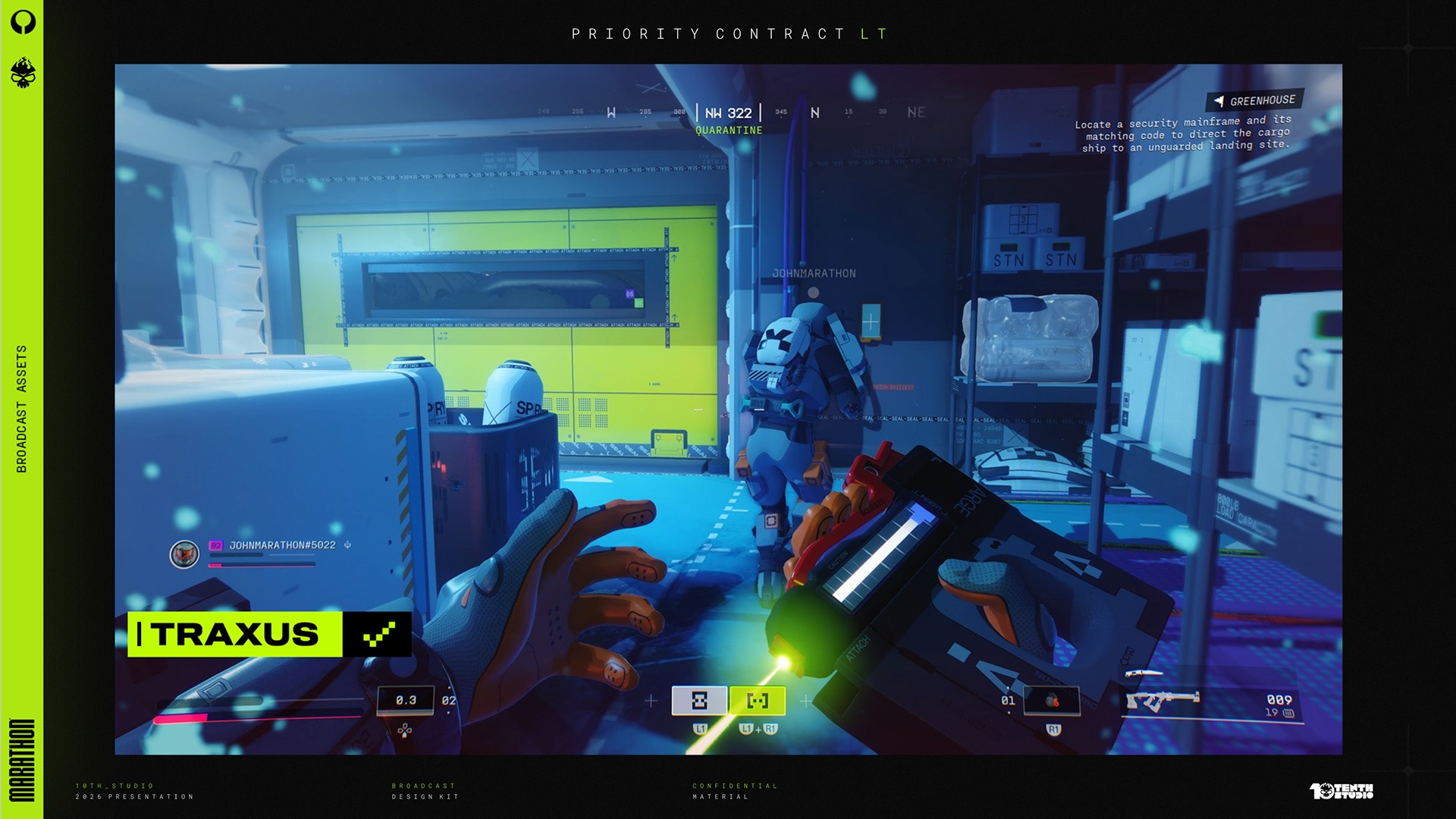 First-person shooter game scene with player holding device and teammate named JOHNMARATHON in a storage room.