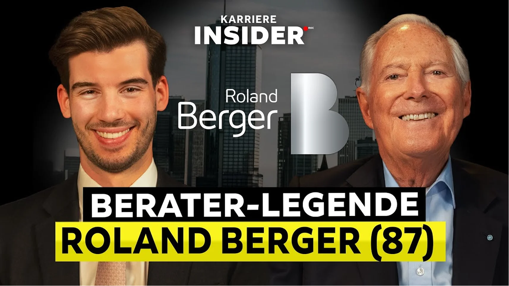Portraits of two men smiling with text about consultant legend Roland Berger aged 87.