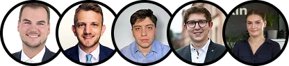 Portraits of five professionals in business attire against white backgrounds.
