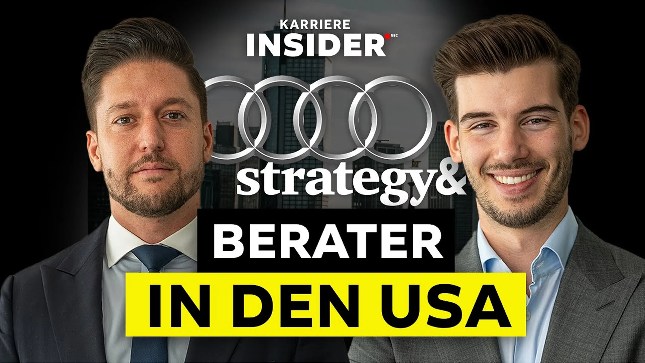 Zwei Männer in Anzügen vor Gebäuden mit Audi-Ringen und Text über Berater in den USA.