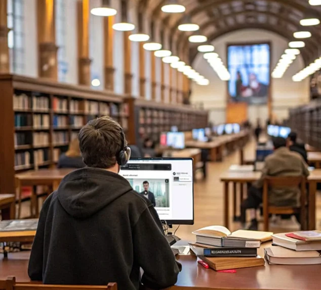 Person mit Kopfhörern arbeitet an einem Computer in einer großen, gut beleuchteten Bibliothek mit Bücherregalen.